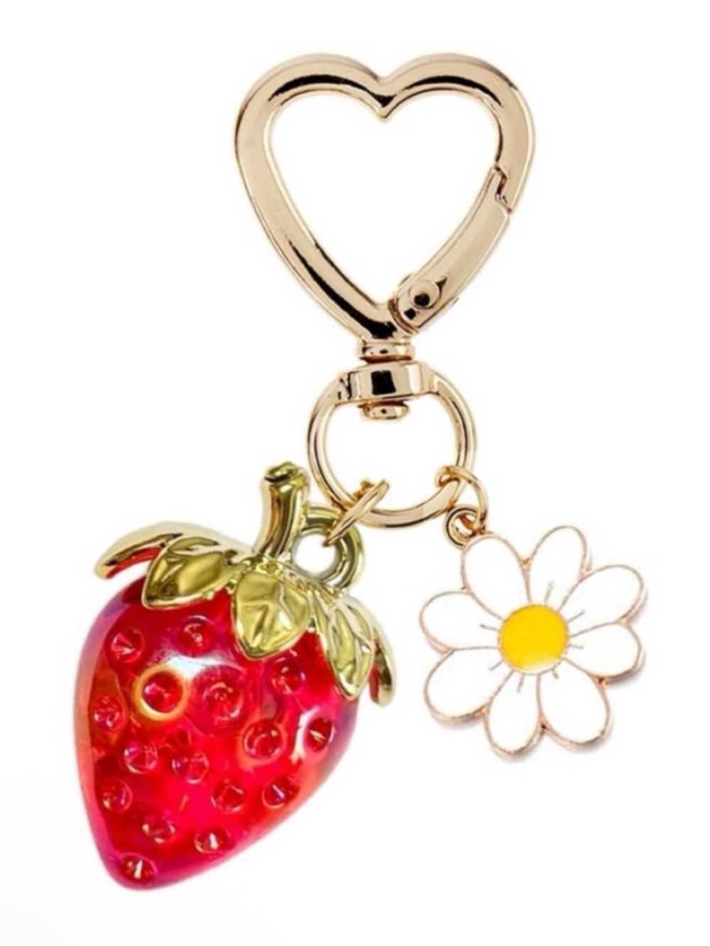 🍓 NEW Enamel Strawberry & Daisy Flower
 Gold Heart Bag Charm/ Keychain